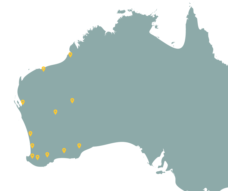 Map of Western Australia with location points plotted